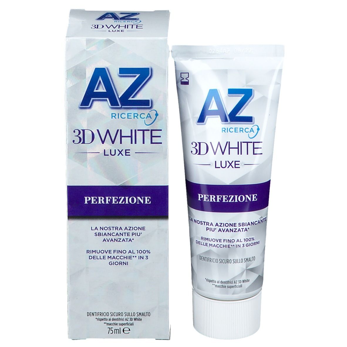 Tubo e confezione di dentifricio AZ 3D White Luxe Perfection. Bianco, design blu. Testo: Perfezione.