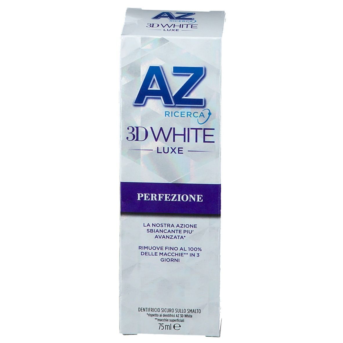 Confezione di dentifricio AZ 3D White Luxe Perfection. Bianco, design blu. Testo: Perfezione.
