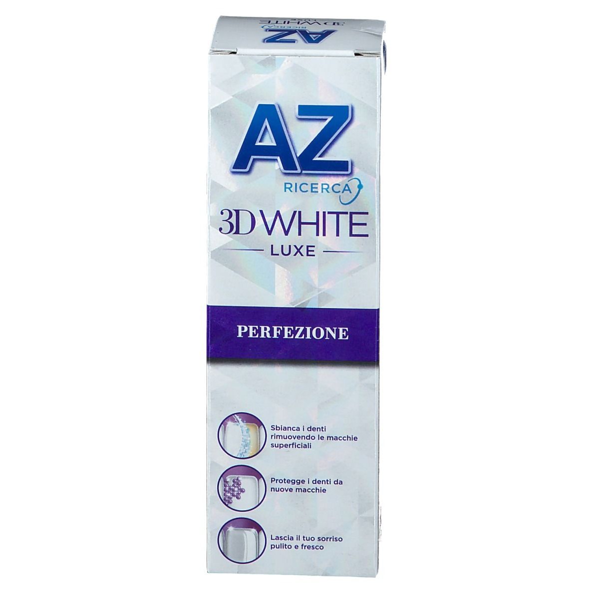 Confezione di dentifricio AZ 3D White Luxe Perfection. Bianco, design blu. Testo: Perfezione. Illustrazioni.