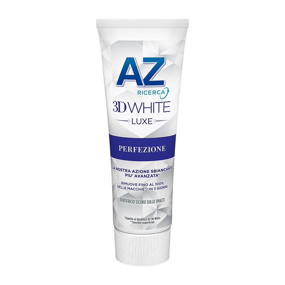 Tubo di dentifricio AZ 3D White Luxe Perfection. Bianco, design blu. Testo: Perfezione.