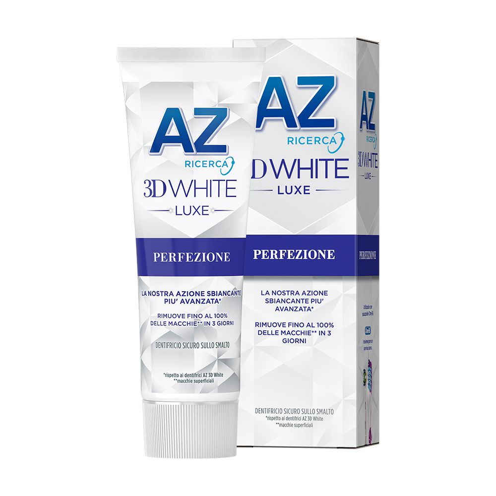 Tubo e confezione di dentifricio AZ 3D White Luxe Perfection. Bianco, design blu. Testo: Perfezione.