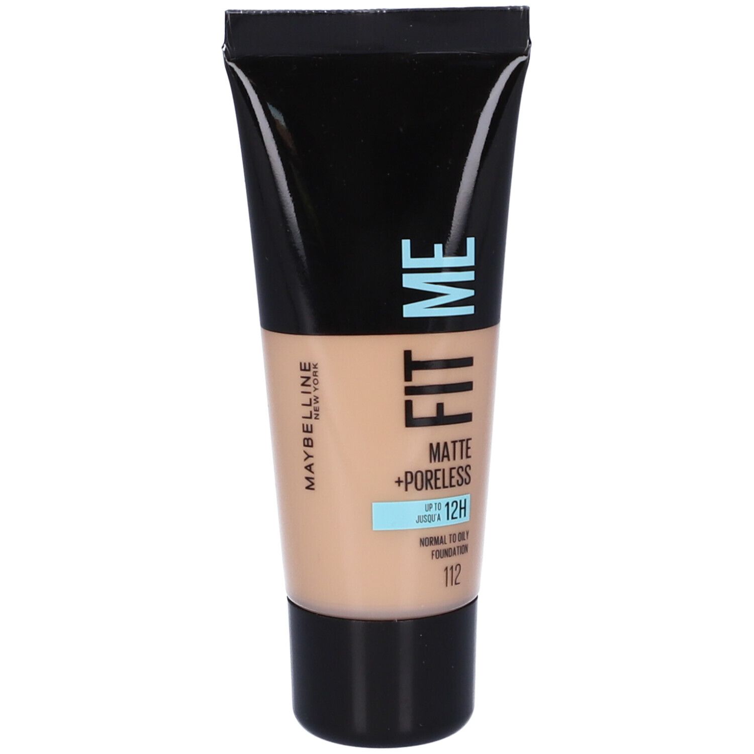 Fondotinta Maybelline Fit Me. Tubo beige chiaro. Tappo nero, testo blu. Matte + Poreless.