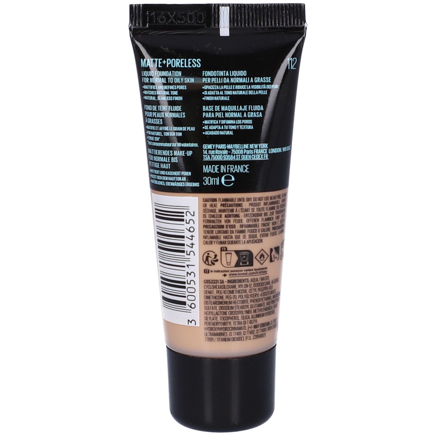 Retro del tubo fondotinta Maybelline Fit Me. Testo multilingue. Ingredienti e informazioni.