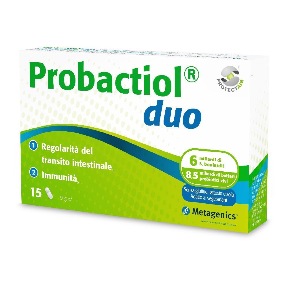 Confezione di Probactiol duo. Contiene 15 capsule. Contiene 6 miliardi di S. boulardii e 8,5 miliardi di batteri vivi. Marchio Metagenics.
