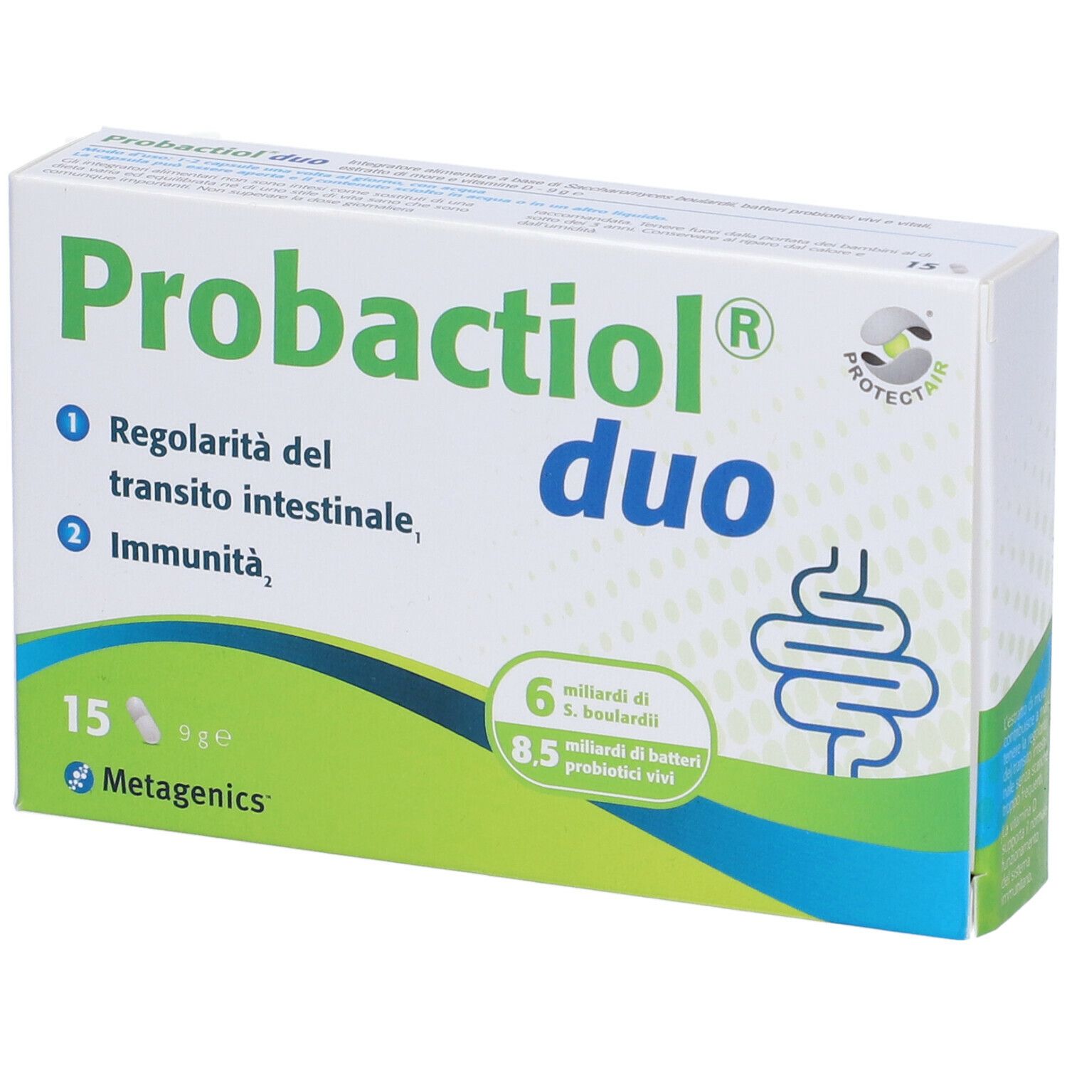 Confezione di Probactiol duo. Contiene 15 capsule. Contiene 6 miliardi di S. boulardii e 8,5 miliardi di batteri vivi. Marchio Metagenics.