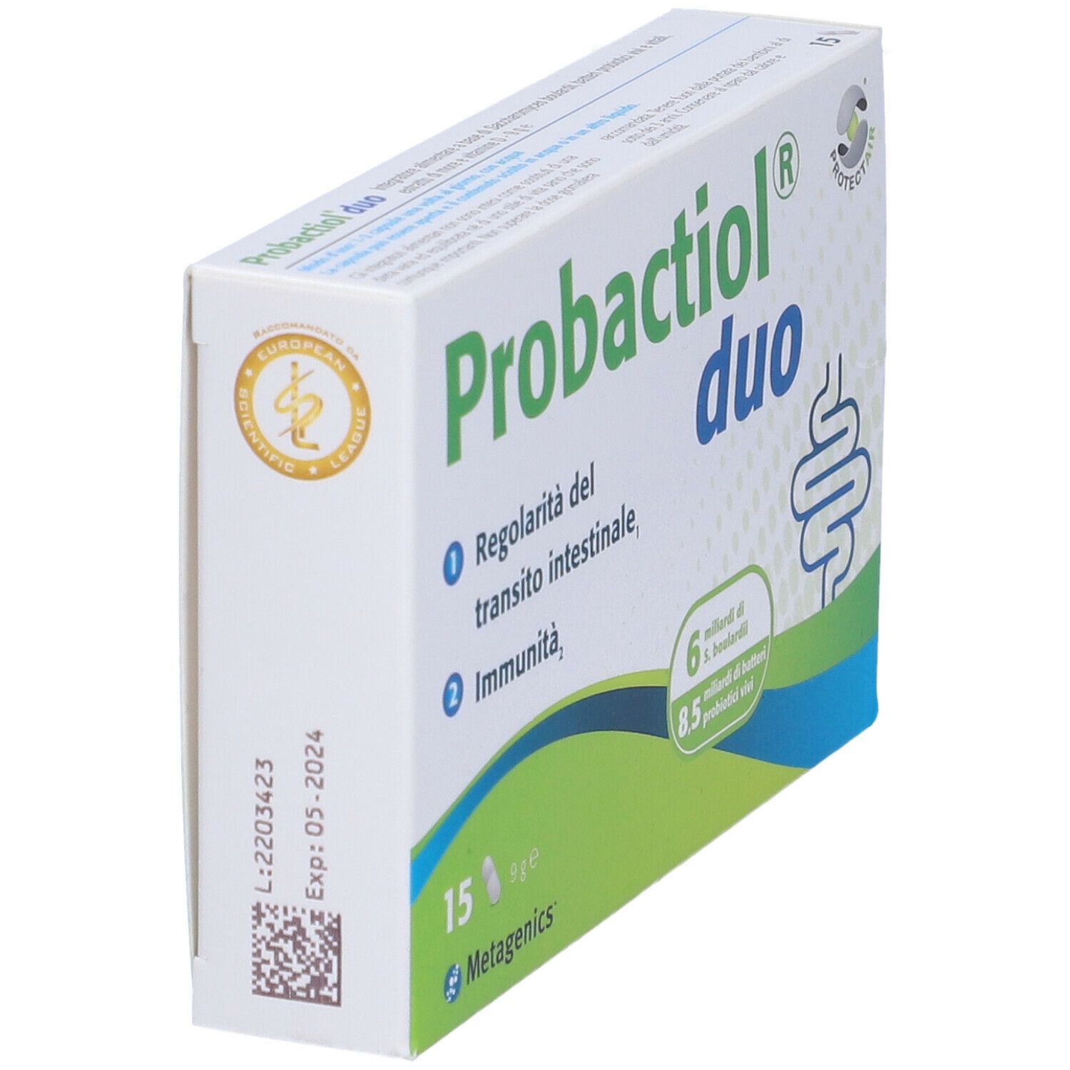 Confezione di Probactiol duo. Contiene 15 capsule. Contiene 6 miliardi di S. boulardii e 8,5 miliardi di batteri vivi. Marchio Metagenics.
