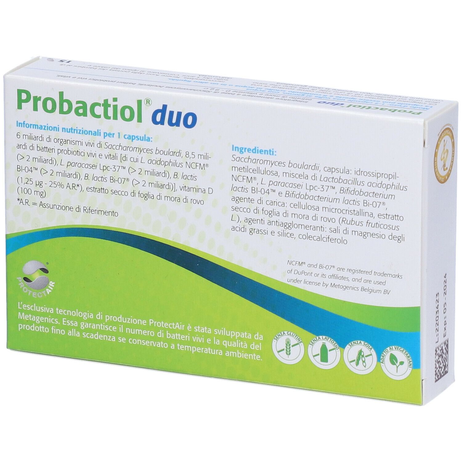 Confezione di Probactiol duo. Contiene 15 capsule. Contiene 6 miliardi di S. boulardii e 8,5 miliardi di batteri vivi. Marchio Metagenics. Ingredienti sul retro.