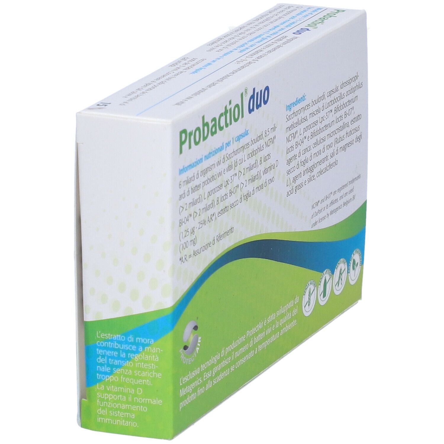 Confezione di Probactiol duo. Contiene 15 capsule. Contiene 6 miliardi di S. boulardii e 8,5 miliardi di batteri vivi. Marchio Metagenics. Ingredienti sul retro.