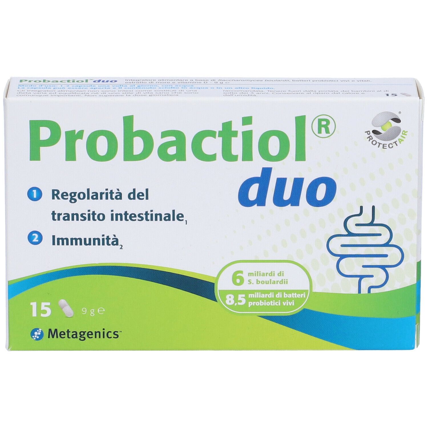 Confezione di Probactiol duo. Contiene 15 capsule. Contiene 6 miliardi di S. boulardii e 8,5 miliardi di batteri vivi. Marchio Metagenics.