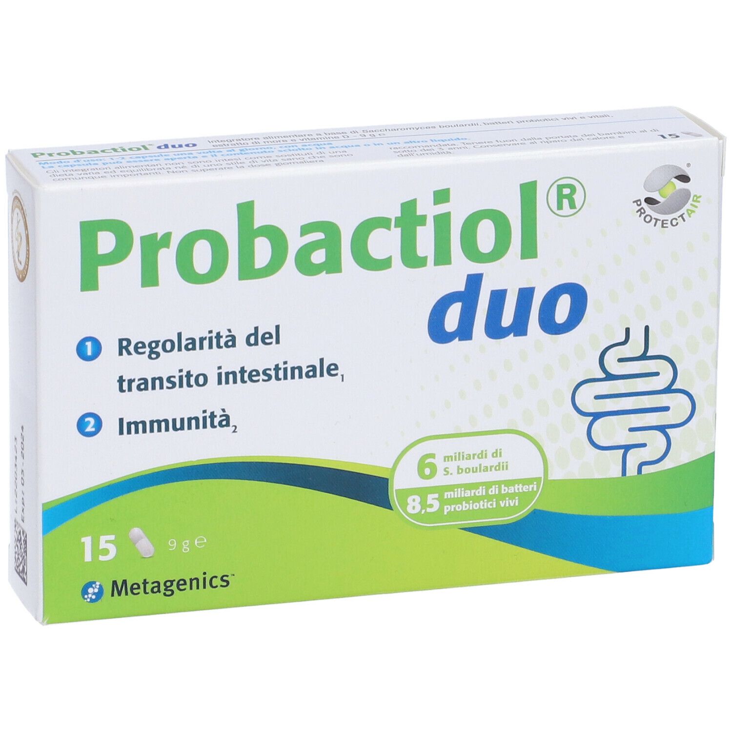 Confezione di Probactiol duo. Contiene 15 capsule. Contiene 6 miliardi di S. boulardii e 8,5 miliardi di batteri vivi. Marchio Metagenics.
