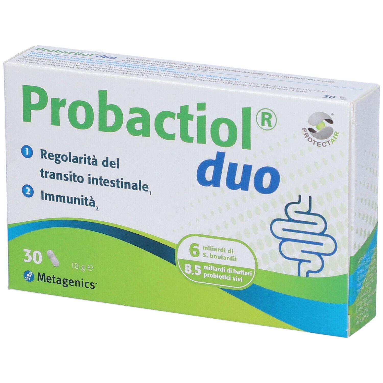 Confezione di Probactiol Duo. Contiene 30 capsule. Scritta: 6 miliardi di S. boulardii, 8,5 miliardi di batteri vivi. Disegno dell'intestino.