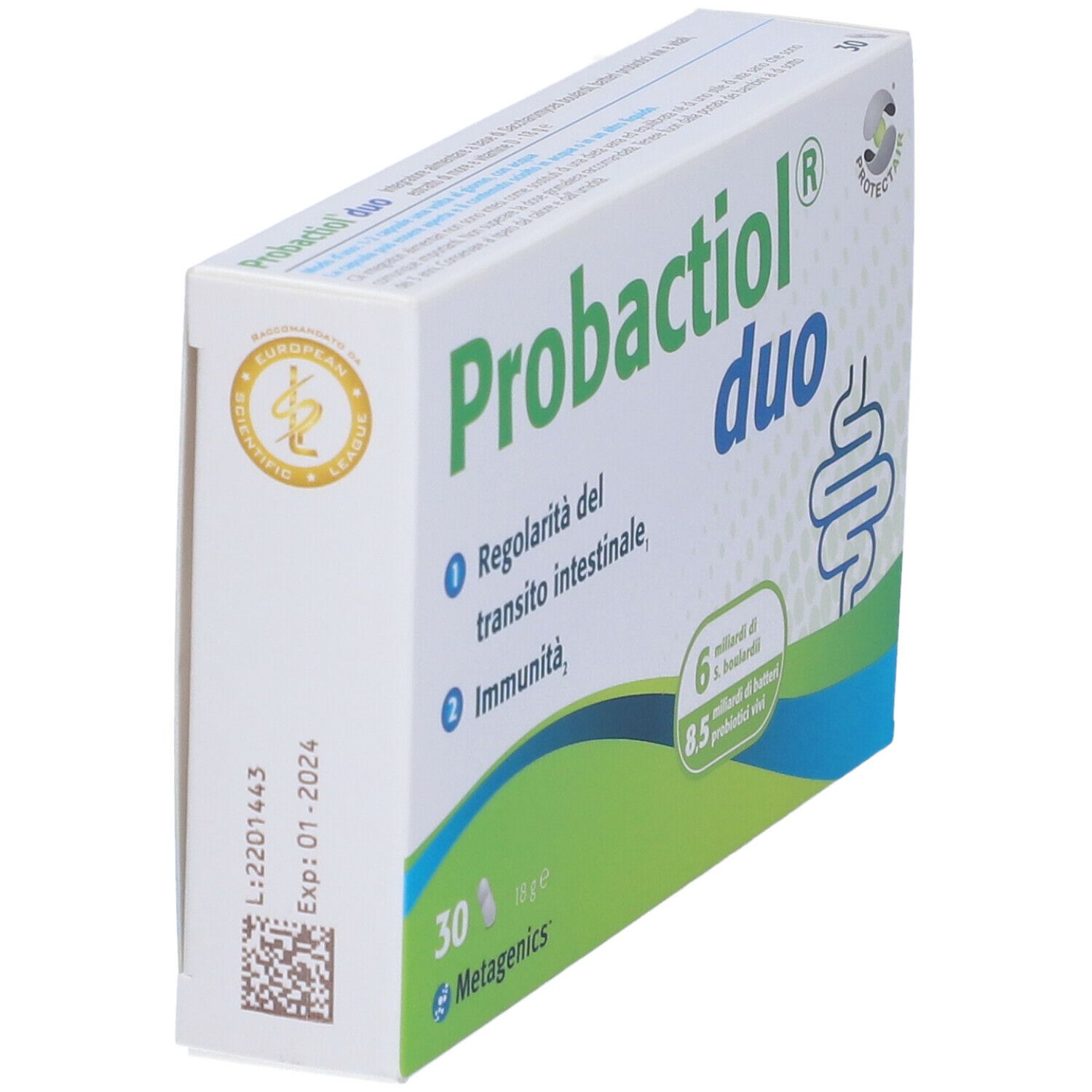 Confezione di Probactiol Duo. Contiene 30 capsule. Scritta: 6 miliardi di S. boulardii, 8,5 miliardi di batteri vivi. Vista laterale.