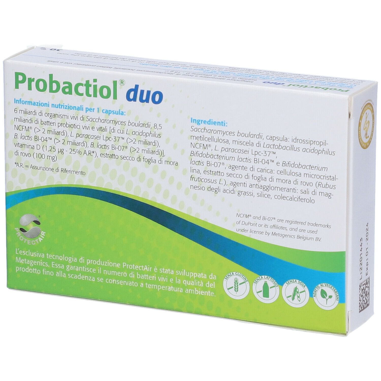 Confezione di Probactiol Duo. Contiene 30 capsule. Scritta: 6 miliardi di S. boulardii, 8,5 miliardi di batteri vivi. Dettaglio degli ingredienti.