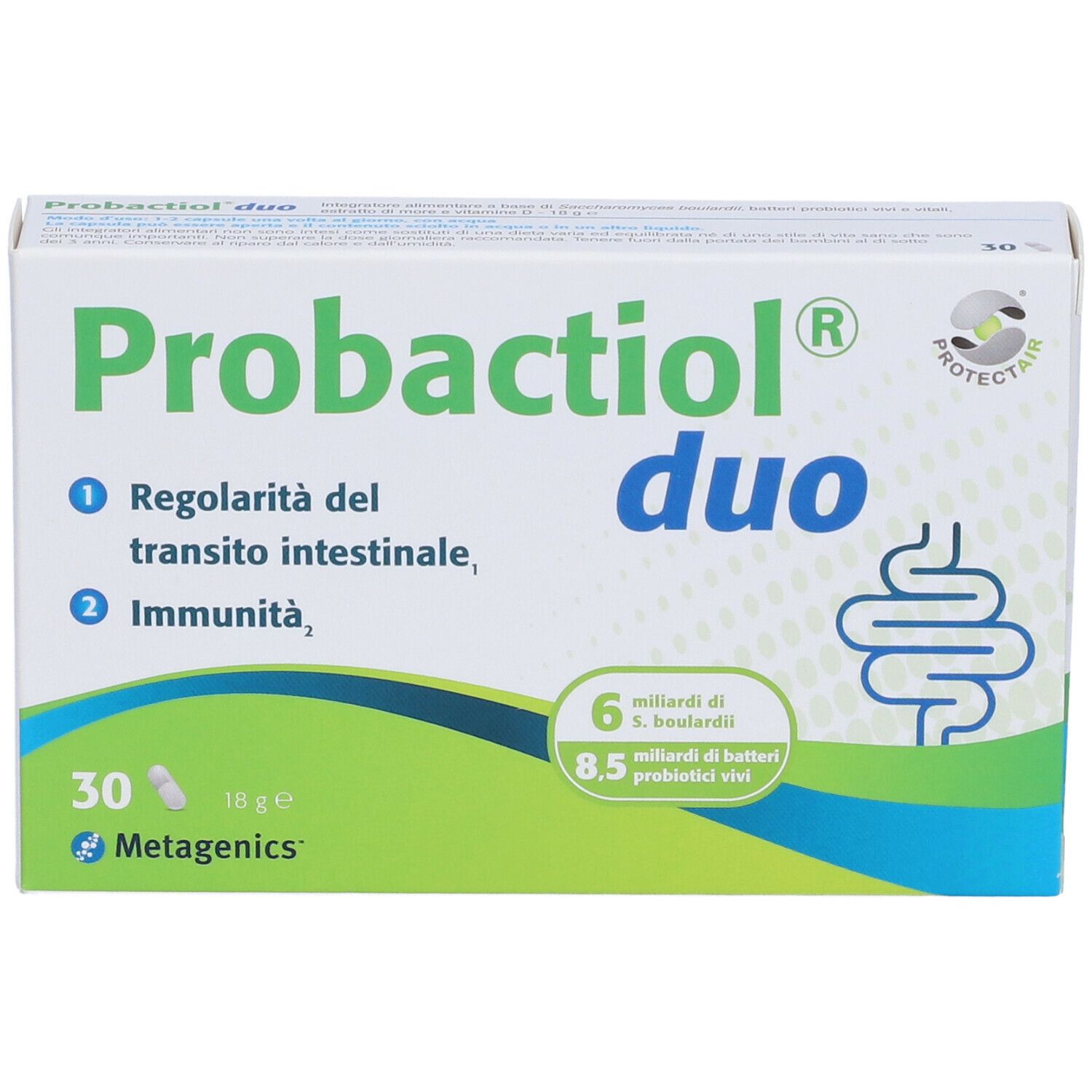 Confezione di Probactiol Duo. Contiene 30 capsule. Scritta: 6 miliardi di S. boulardii, 8,5 miliardi di batteri vivi. Vista laterale.