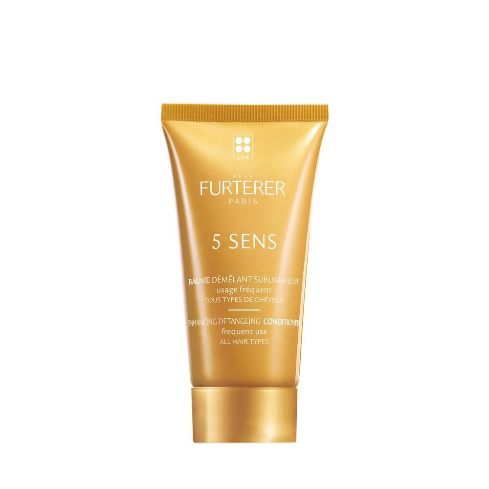 Tubo dorato con testo. Scritto: 5 SENS, Balsamo districante sublimatore. Per tutti i tipi di capelli.