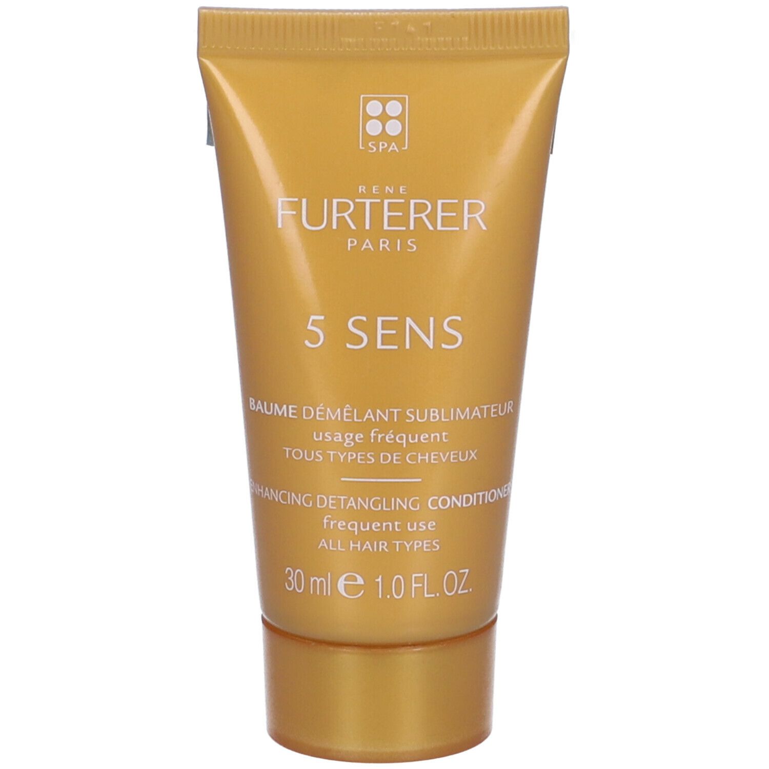 Piccolo tubo dorato con testo. Scritto: 5 SENS, Balsamo districante sublimatore. 30 ml.