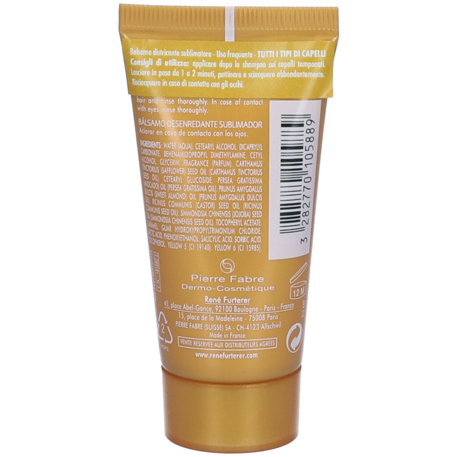 Retro di un tubo dorato. Testo con ingredienti e informazioni del produttore. Made in France.
