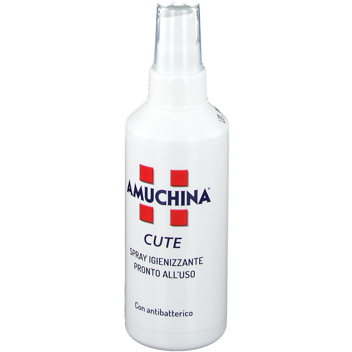 Flacone bianco AMUCHINA® Cute con spruzzatore. Quadrati rossi del logo. Testo: Spray igienizzante pronto all'uso.