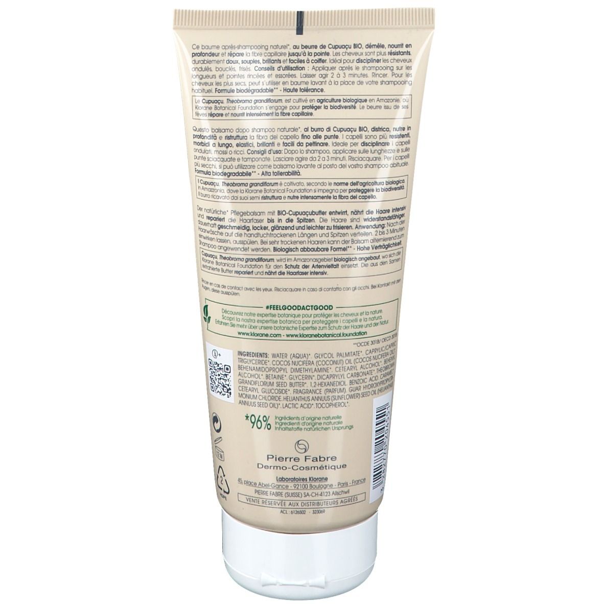 Dos d'un tube. Texte en plusieurs langues. Ingrédients, logo, QR code, 96% ingrédients naturels.