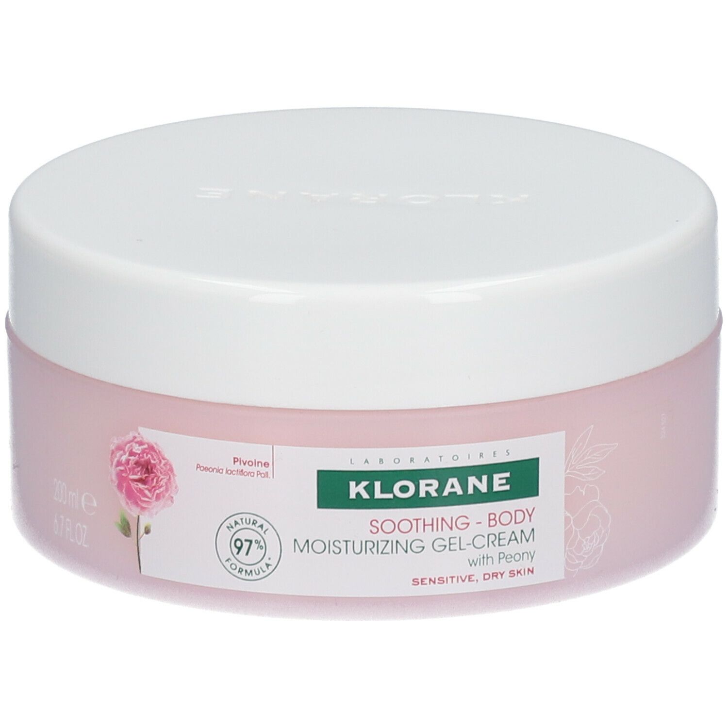 Vaso rotondo rosa con coperchio bianco. Scritta: KLORANE, gel-crema corpo lenitiva alla peonia. Per pelli sensibili e secche.