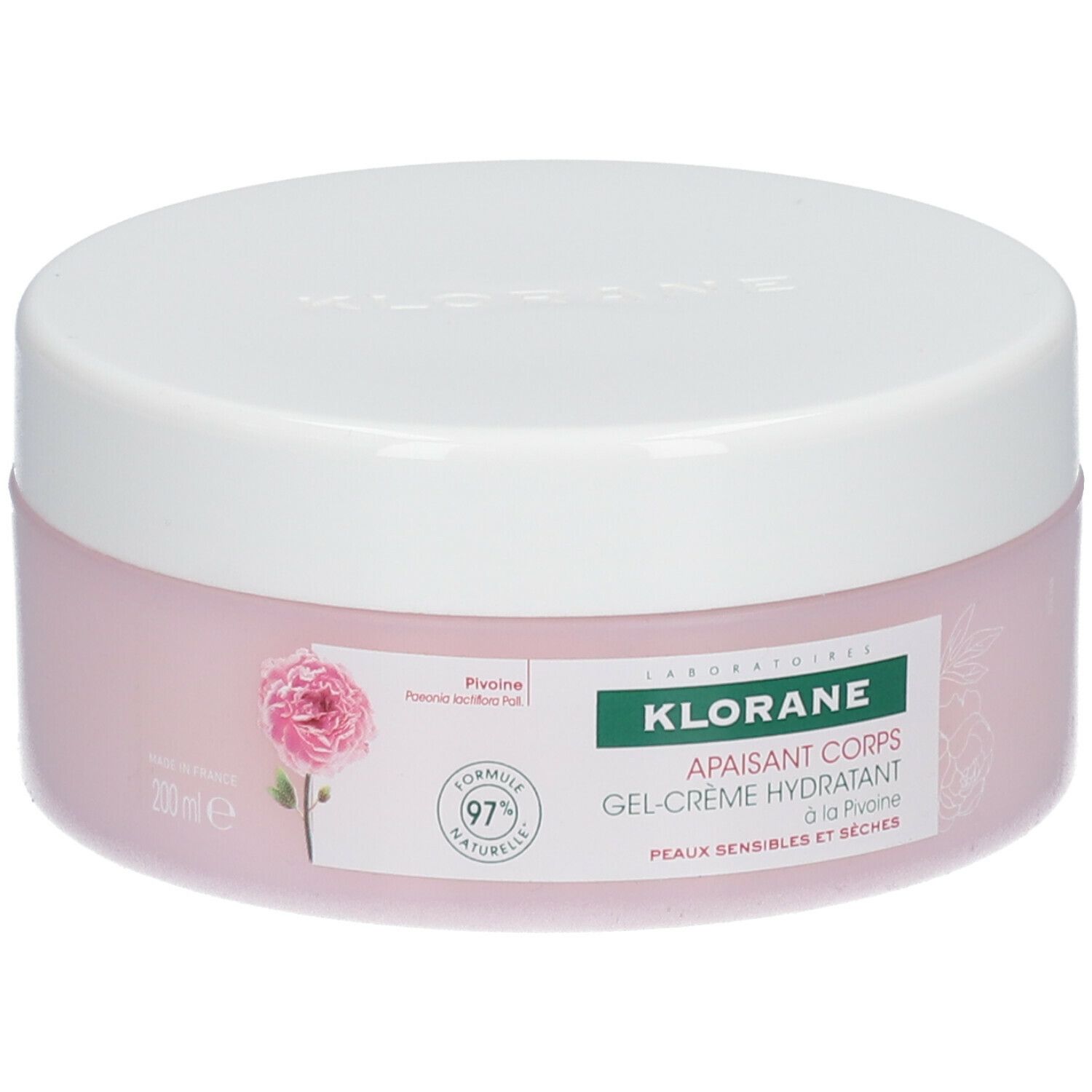 Vaso rotondo rosa con coperchio bianco. Scritta: KLORANE, gel-crema corpo lenitiva alla peonia. 200ml.