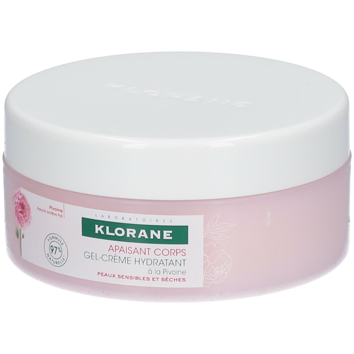 Vaso rotondo rosa con coperchio bianco. Scritta: KLORANE, gel-crema corpo lenitiva alla peonia. Per pelli sensibili.