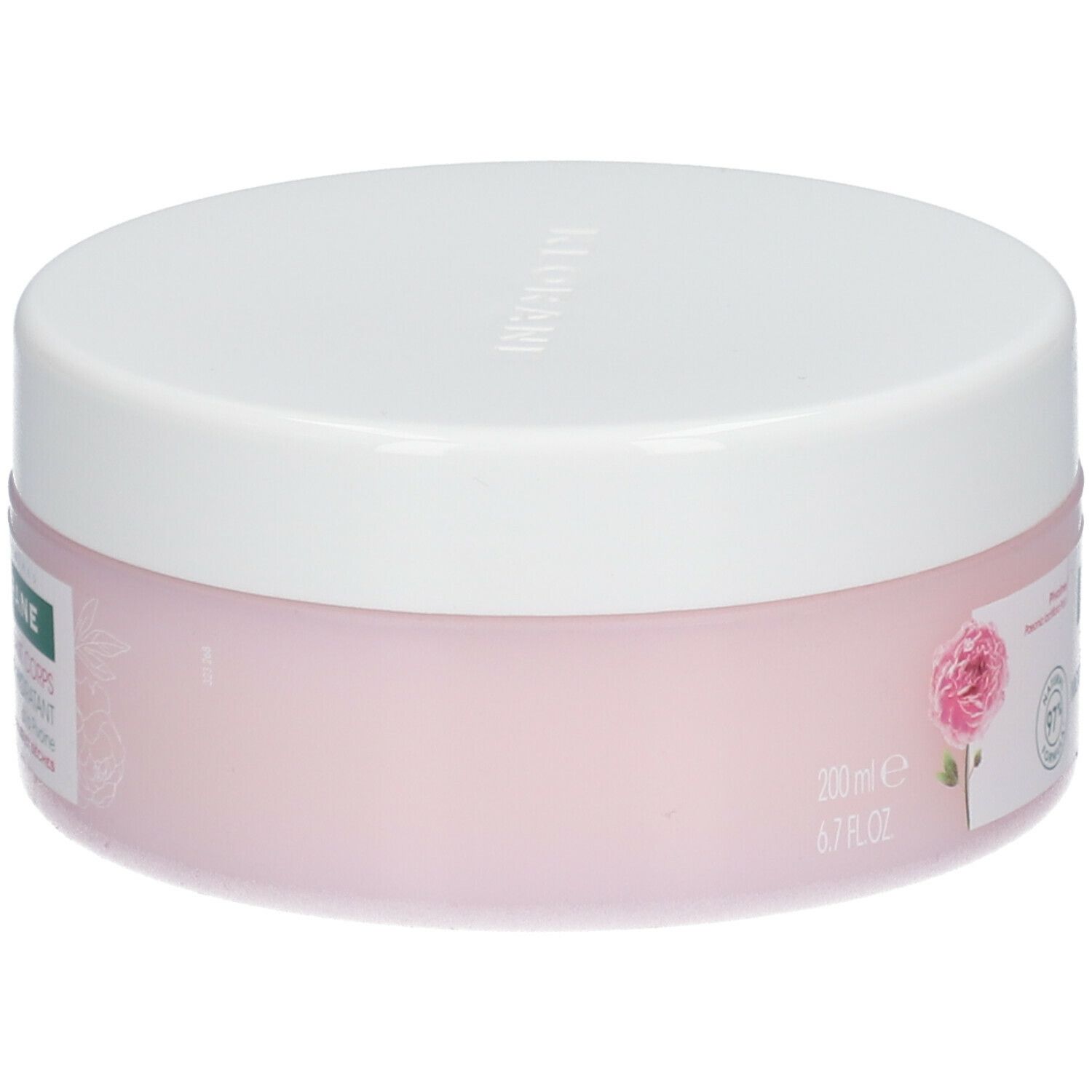 Vaso rotondo rosa con coperchio bianco. Scritta: KLORANE, gel-crema corpo lenitiva alla peonia. 200ml.