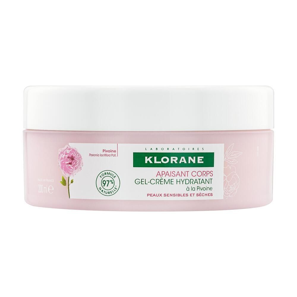 Vaso rosa con coperchio bianco. Scritta: KLORANE, gel-crema corpo lenitiva alla peonia. Formula naturale al 97%.
