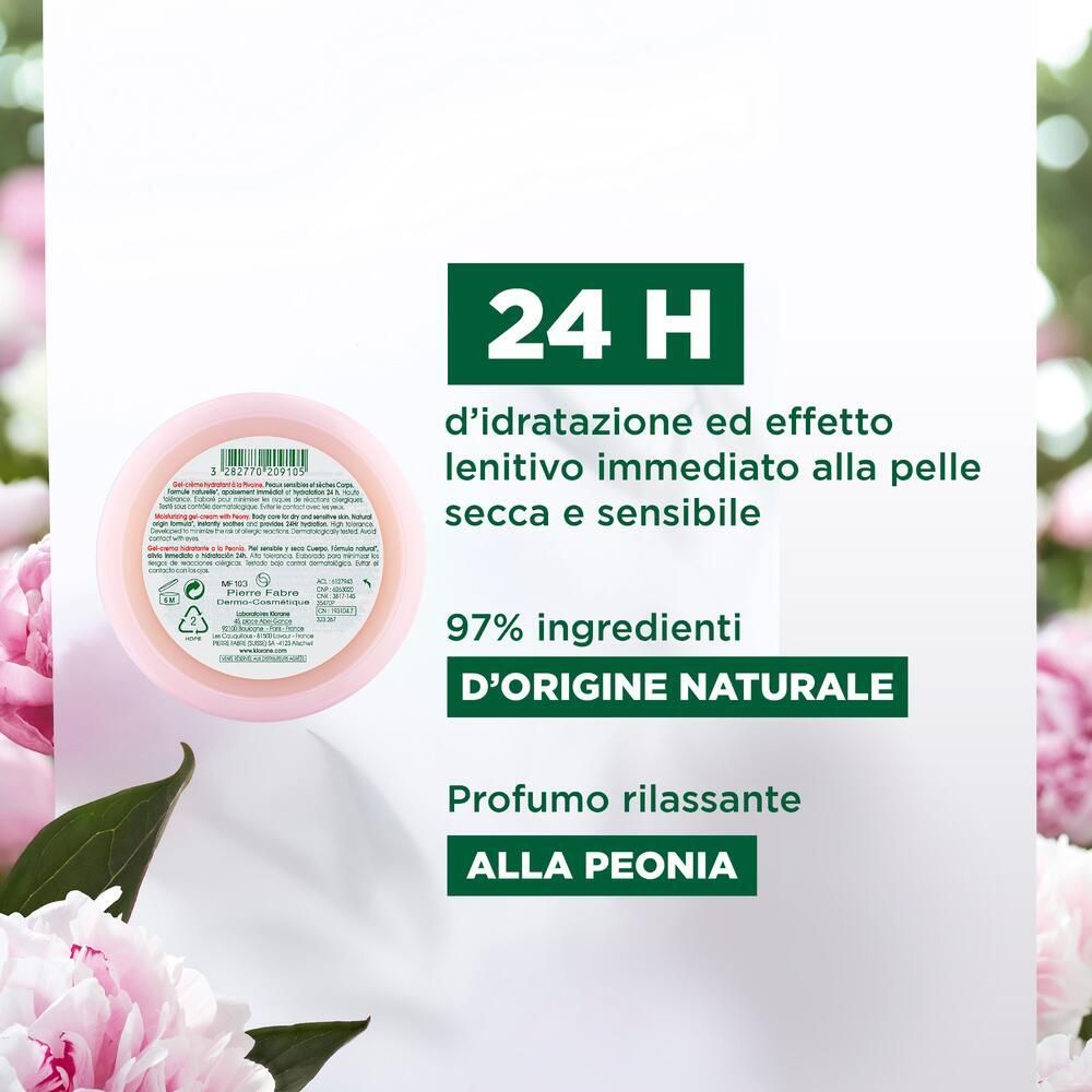Confezione del prodotto con testo. 24H di idratazione e effetto lenitivo immediato. 97% ingredienti naturali. Profumo alla peonia.