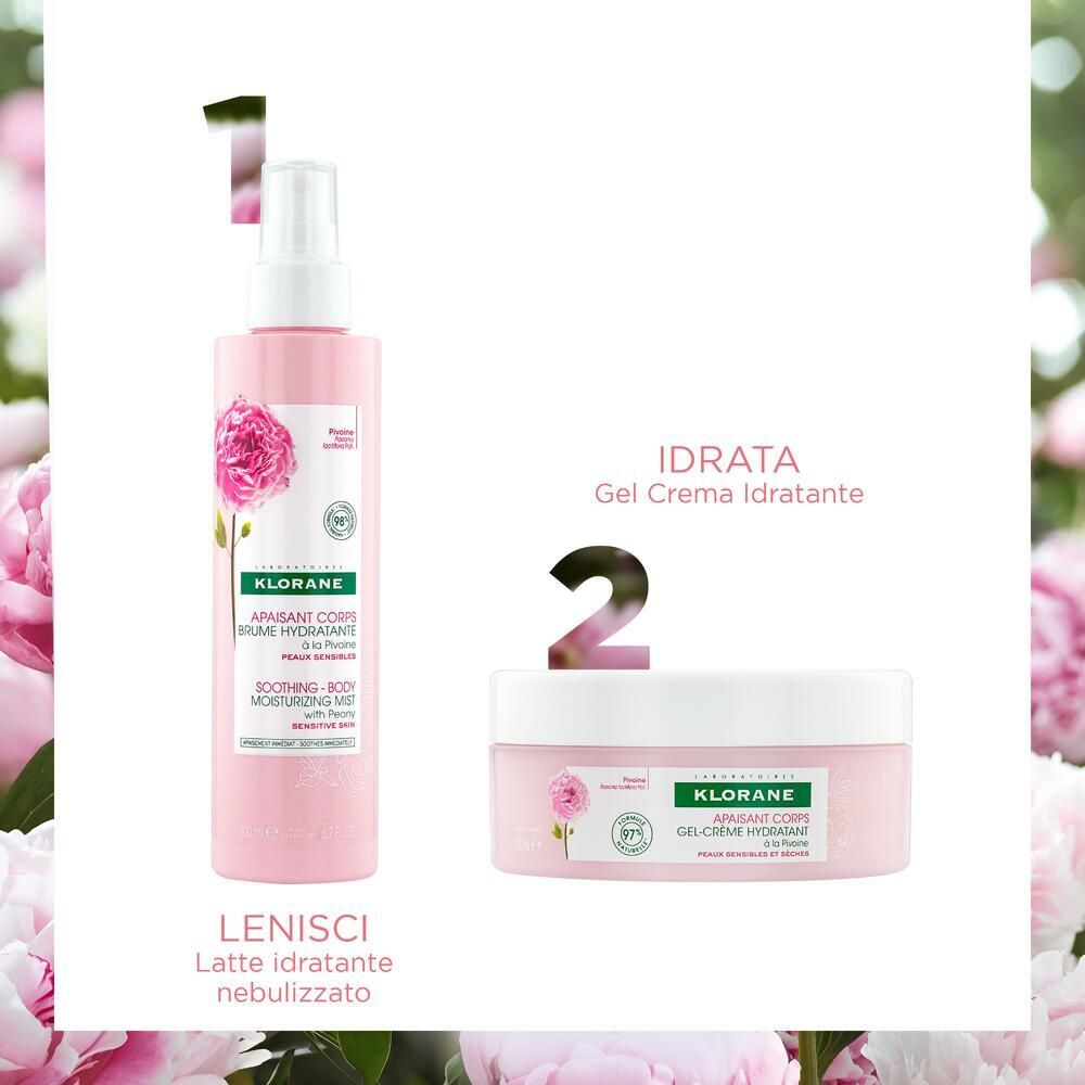 Due prodotti: flacone spray e vaso. Scritta: KLORANE, gel-crema corpo lenitiva alla peonia. Idratante.