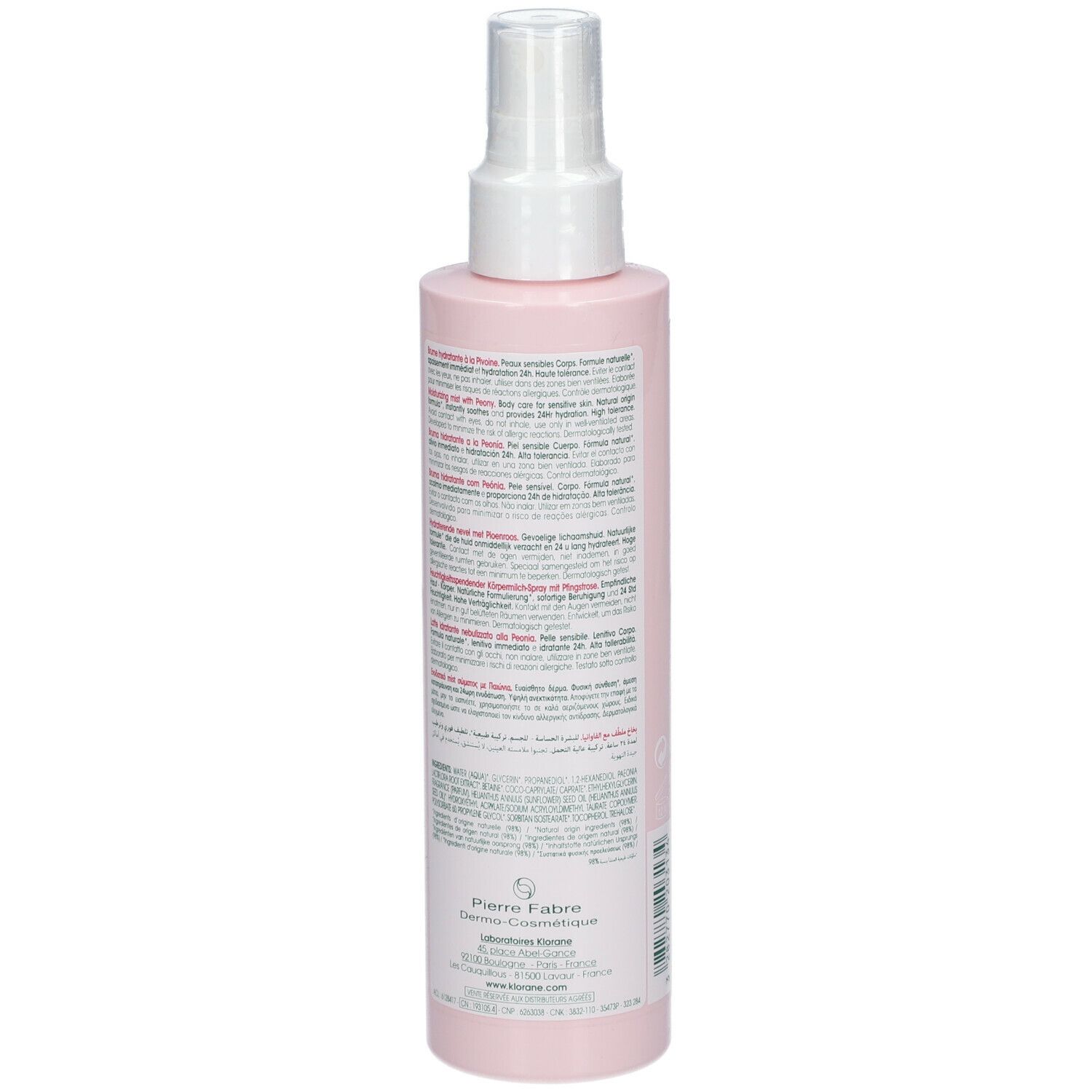 Retro di un flacone rosa con vaporizzatore. Testo e informazioni sul prodotto. Marca: KLORANE.