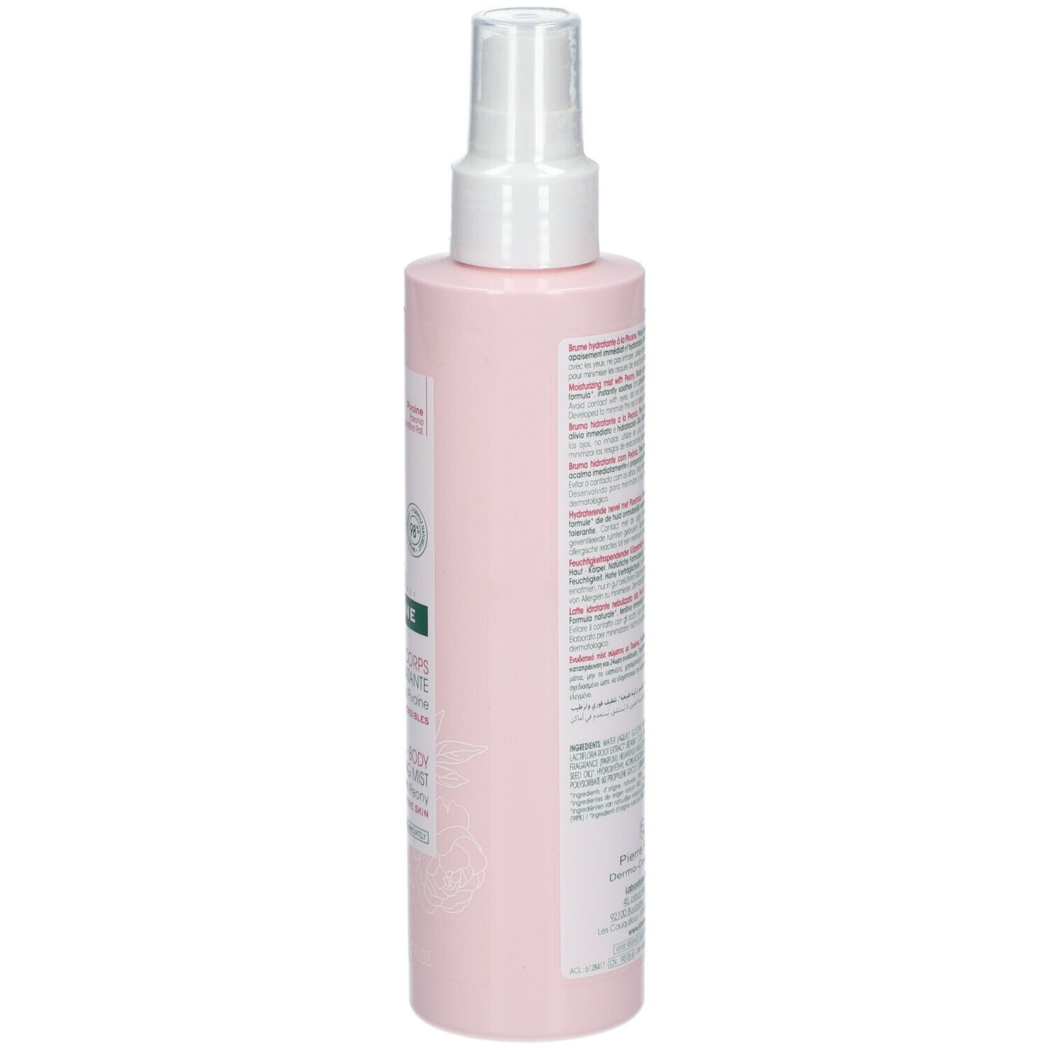 Retro di un flacone rosa con vaporizzatore. Testo e informazioni sul prodotto. Marca: KLORANE.