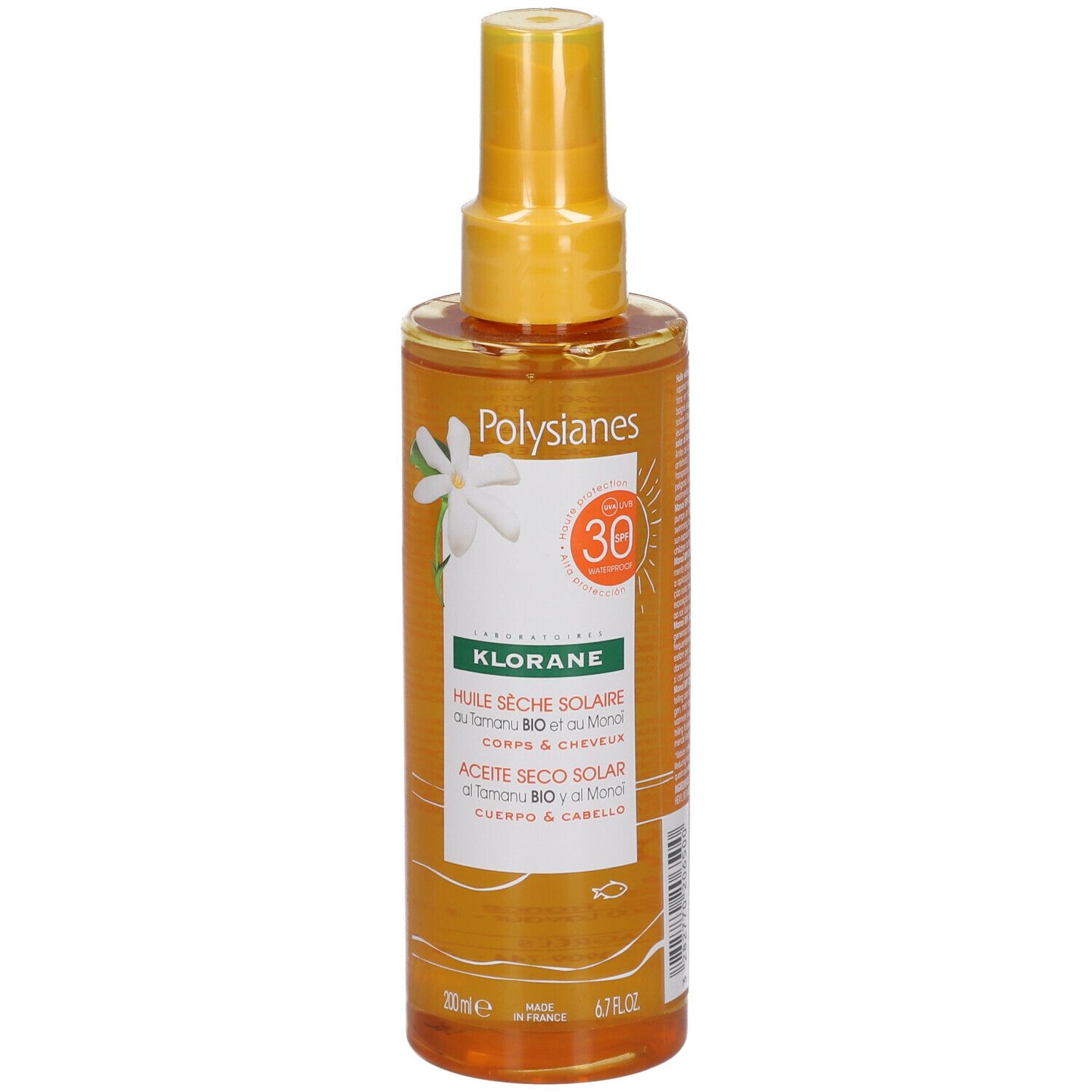 Huile sèche solaire Klorane Polysianes SPF30. Flacon spray jaune, fleur blanche, indication SPF30.