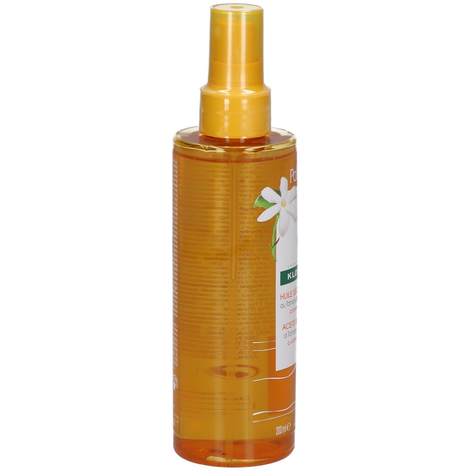 Dos du flacon Klorane Polysianes huile sèche solaire SPF30. Informations textuelles.