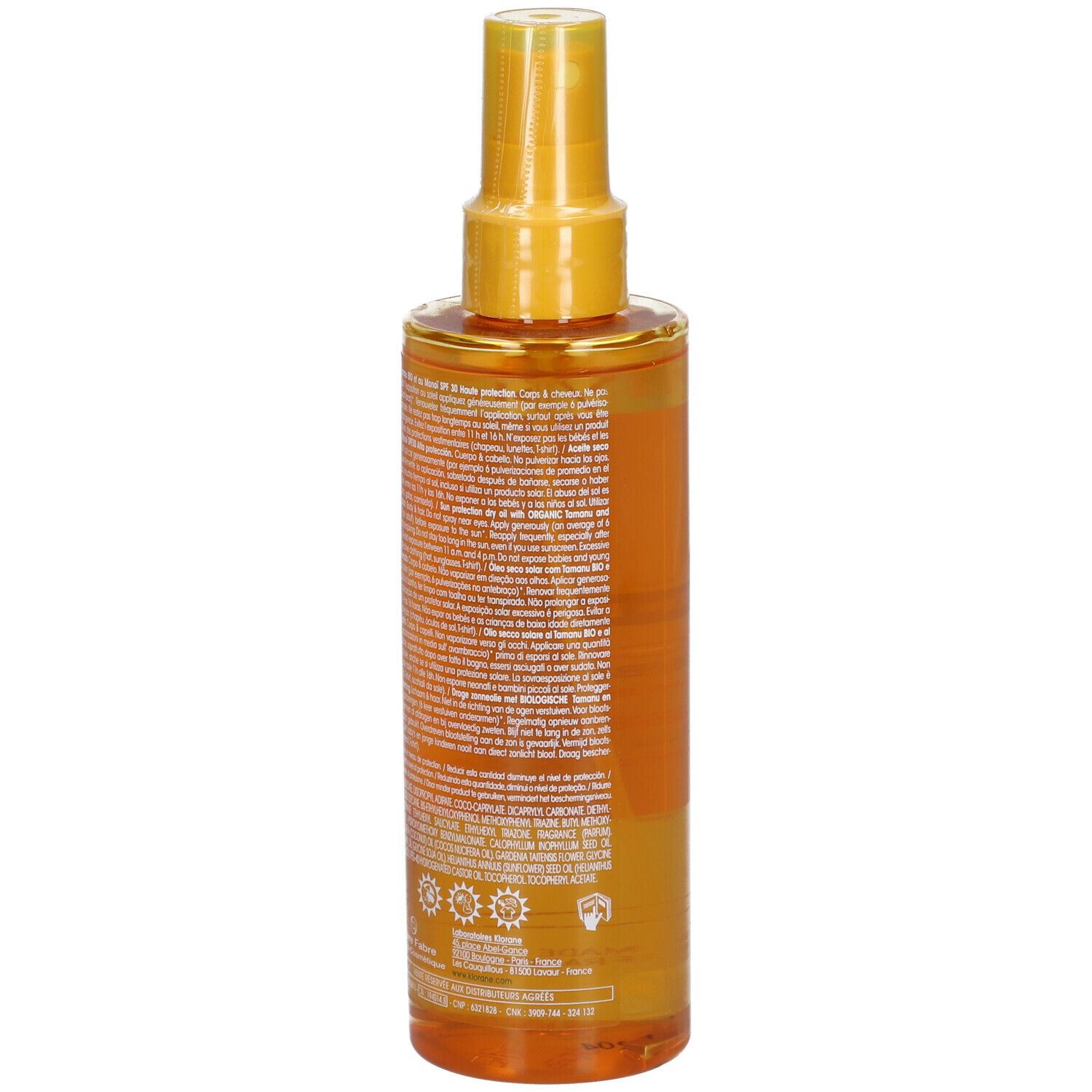 Dos du flacon Klorane Polysianes huile sèche solaire SPF30. Informations textuelles.