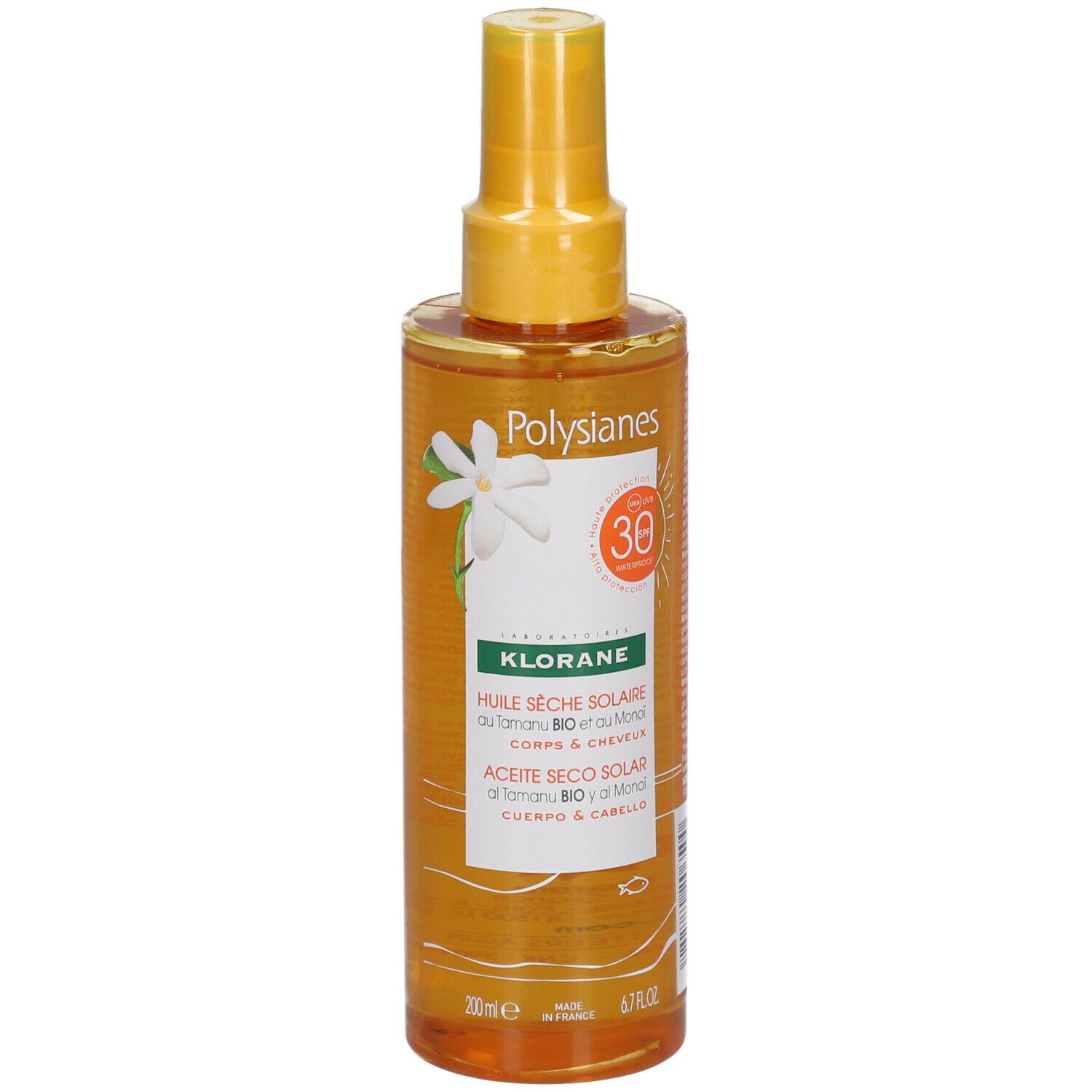 Huile sèche solaire Klorane Polysianes SPF30. Flacon spray jaune, fleur blanche, indication SPF30.