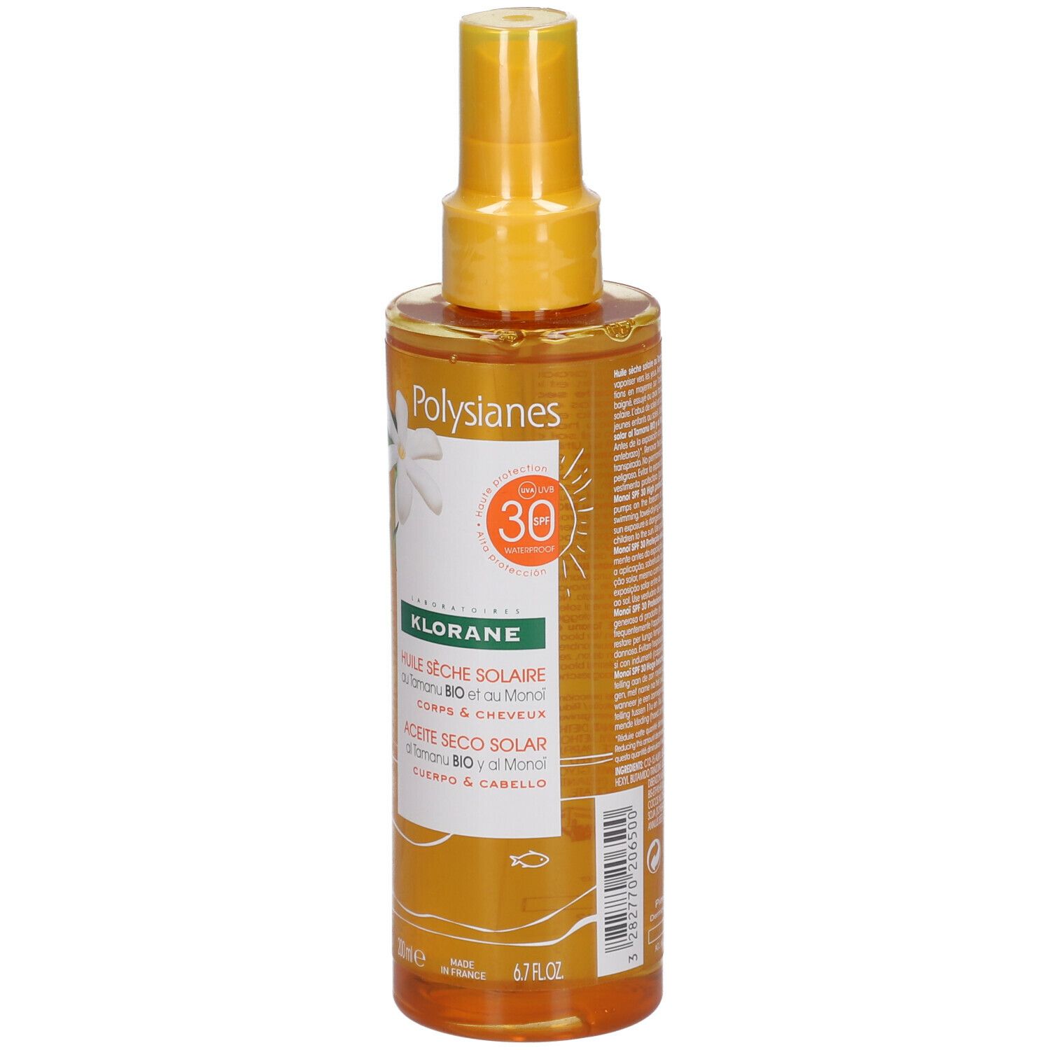 Huile sèche solaire Klorane Polysianes SPF30. Flacon spray jaune, fleur blanche, indication SPF30.