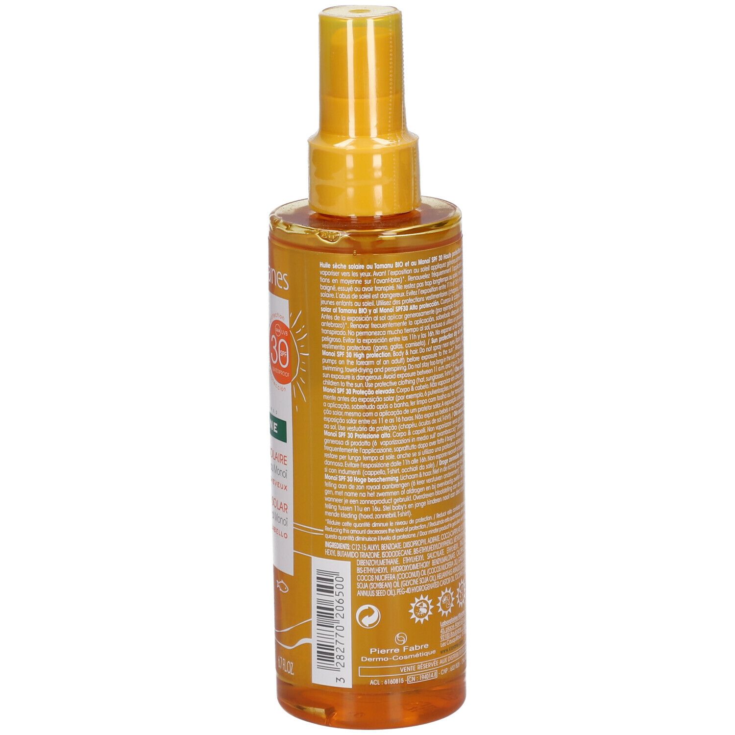 Dos du flacon Klorane Polysianes huile sèche solaire SPF30. Informations textuelles.