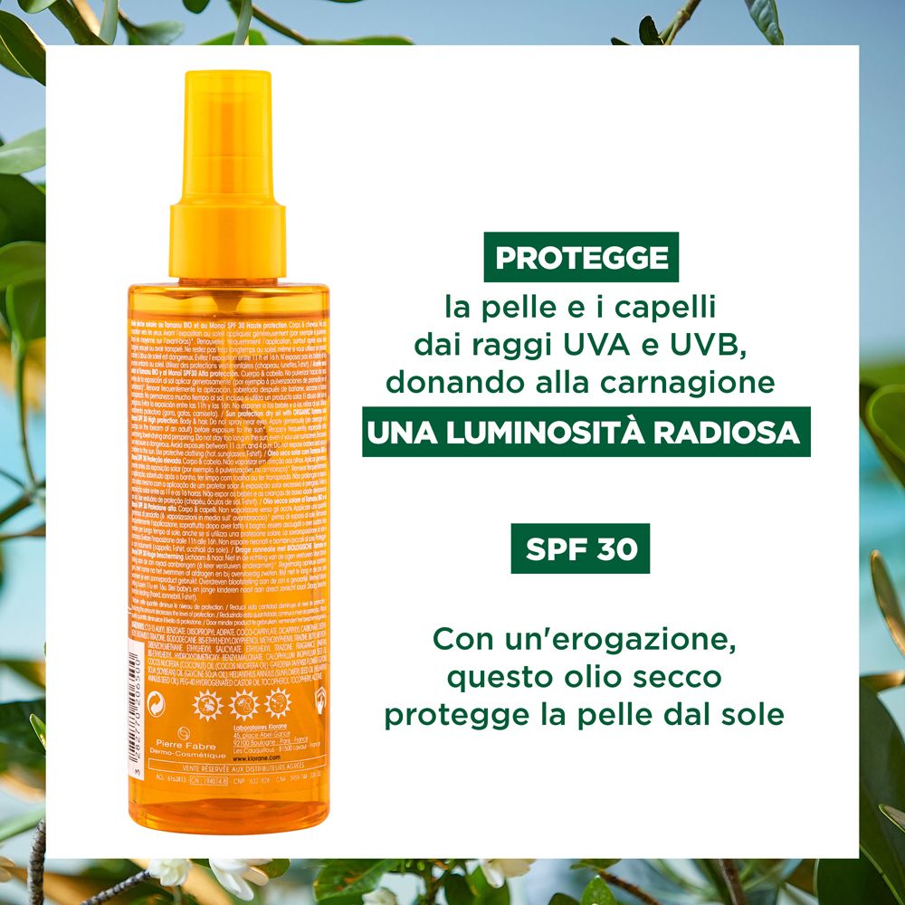 Dos du flacon Klorane Polysianes huile sèche solaire SPF30. Informations textuelles et indication SPF30.