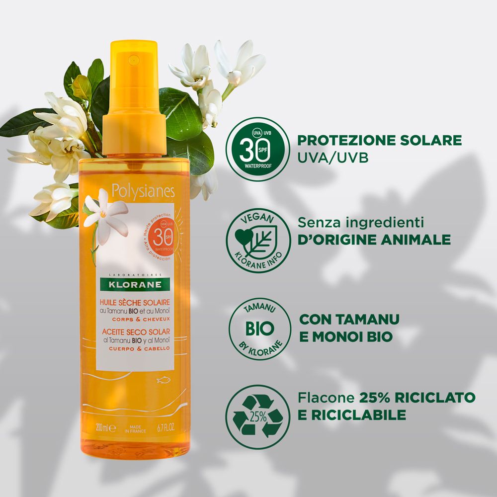 Huile sèche solaire Klorane Polysianes SPF30. Flacon avec SPF30, label vegan, Tamanu bio et Monoï.