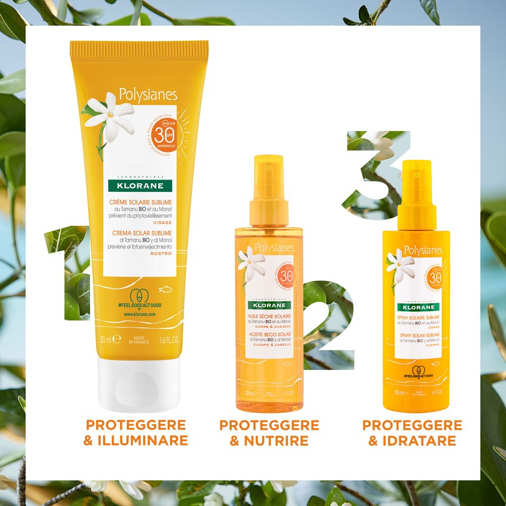 Trois produits Klorane Polysianes : crème, huile et spray. Tous avec SPF30 et différentes fonctions.