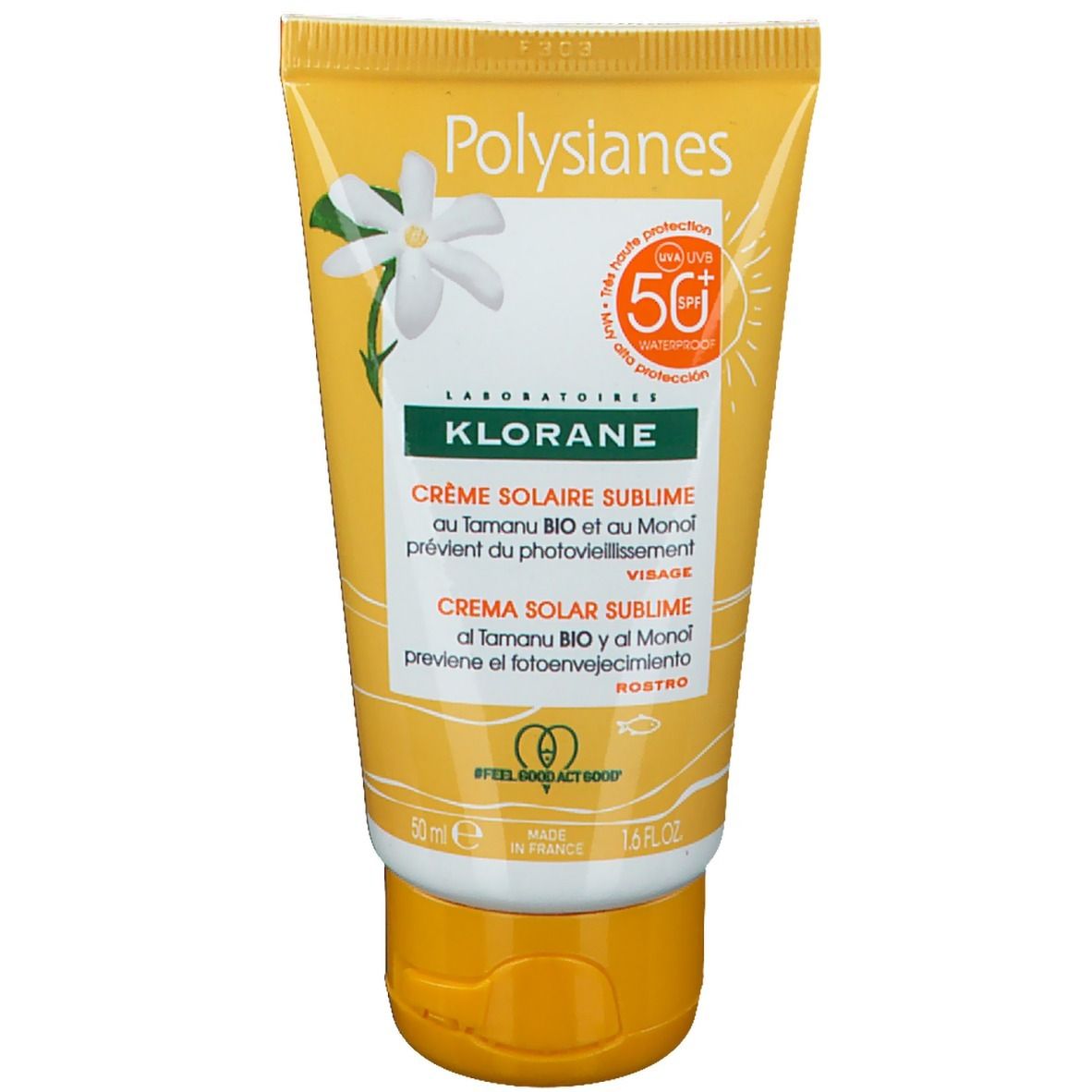 Tube de crème solaire jaune. Inscriptions Polysianes, Klorane. Fleur et logo SPF 50+. Inscriptions en français.