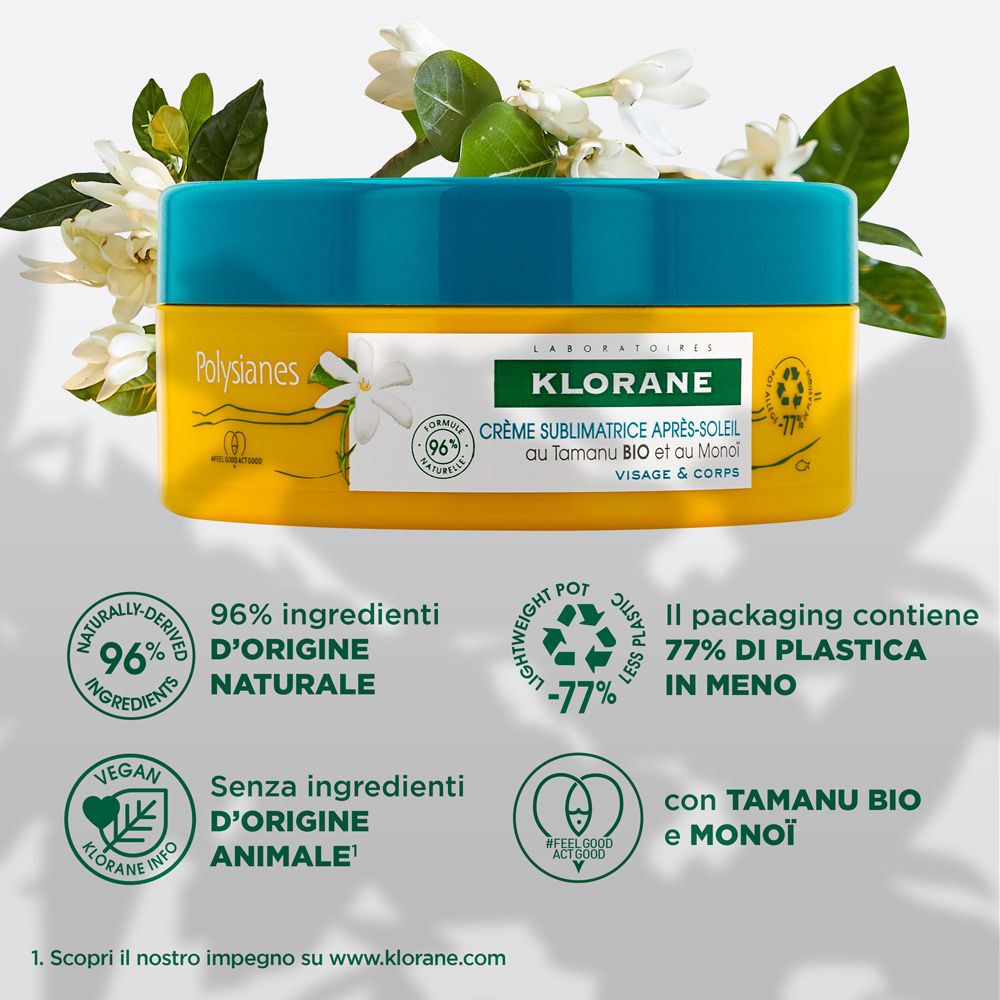 Confezione del prodotto con testo: KLORANE Crème sublimatrice après-soleil. 96% ingredienti naturali. Vegan.