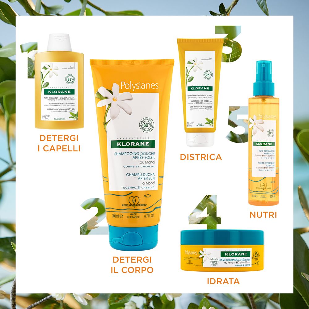 Vari prodotti KLORANE: shampoo, crema doposole, gel doccia, olio. Scritta: KLORANE Après-soleil.