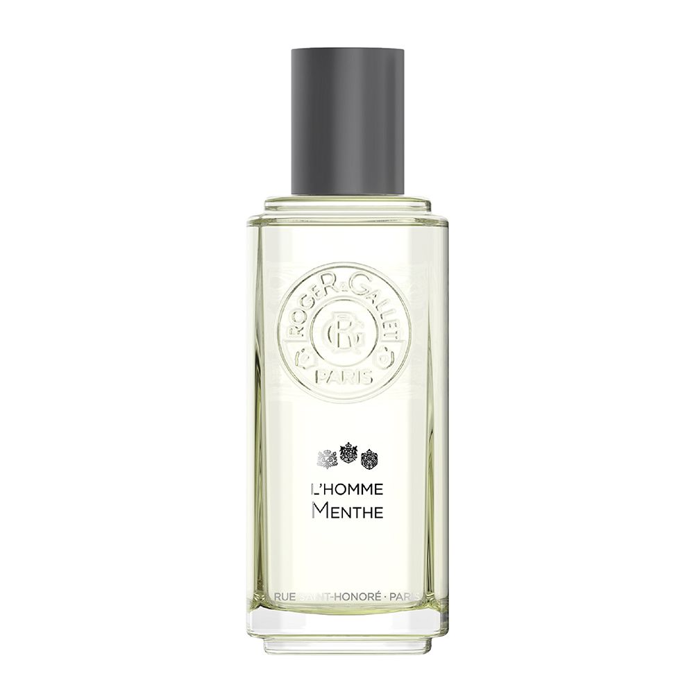 Flacone Roger & Gallet L'Homme Menthe Eau de toilette. Forma rettangolare, contenitore trasparente, tappo grigio.