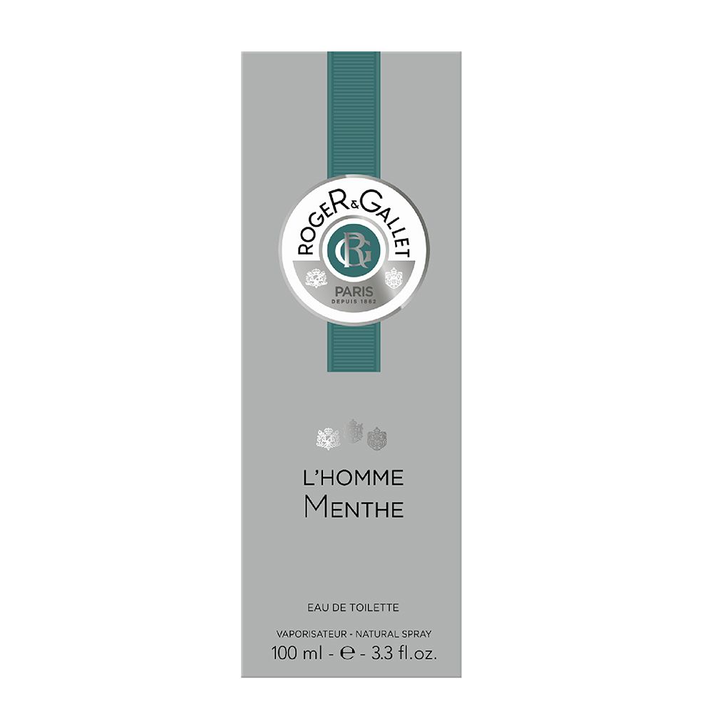 Confezione di Roger & Gallet L'Homme Menthe Eau de toilette. Scatola grigia con nome del prodotto e logo.