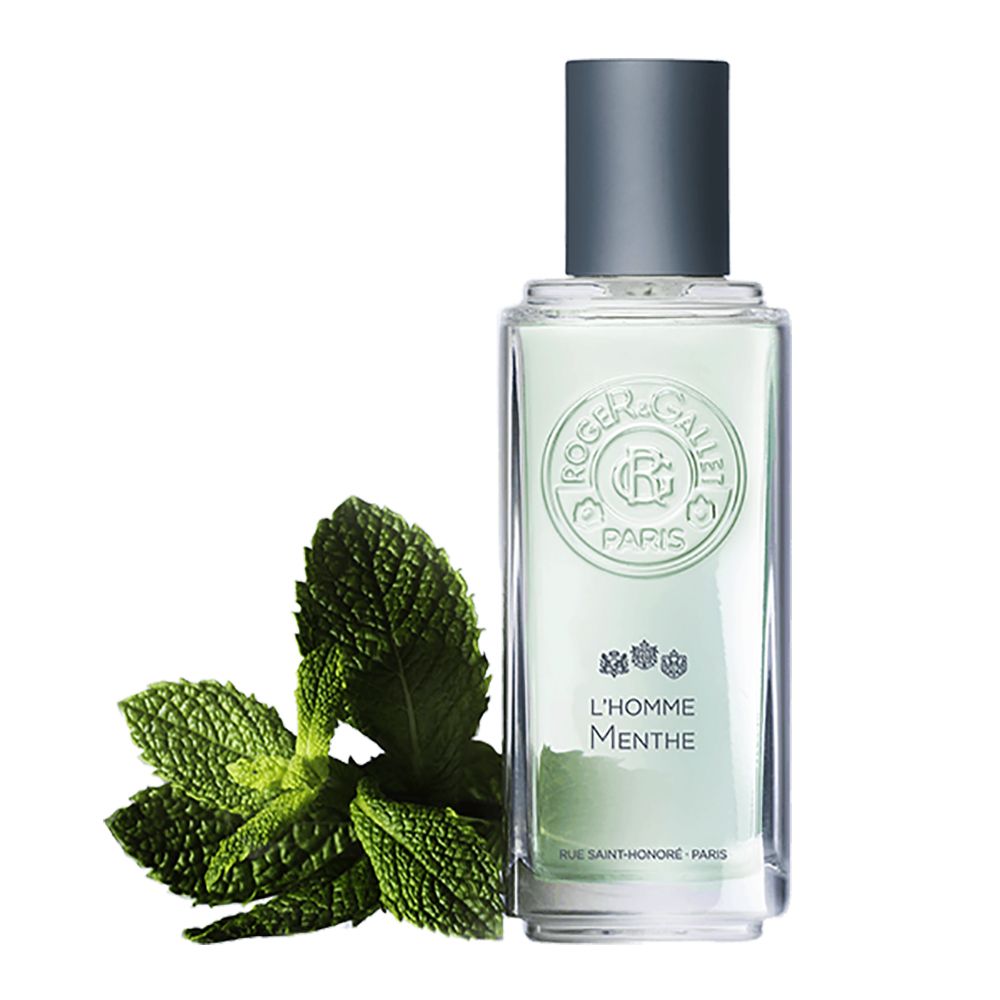 Flacone Roger & Gallet L'Homme Menthe Eau de toilette con foglie di menta. Forma rettangolare, trasparente.