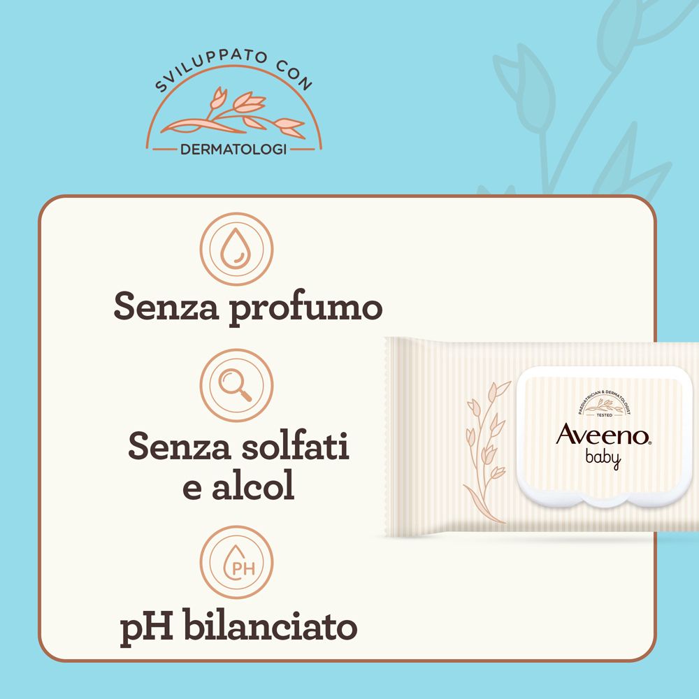 Aveeno Baby Feuchttücherpackung, parfümfrei, sulfat- und alkoholfrei, pH-neutral.