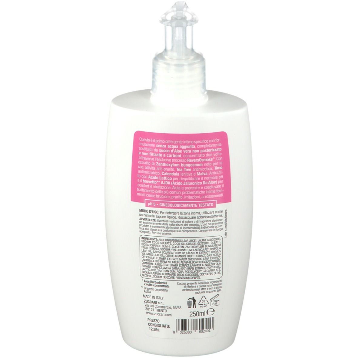 Rückseite des weißen Spenders. Rosa Etikett mit Text. ZUCCARI Logo. Inhaltsstoffe und Informationen. 250ml.