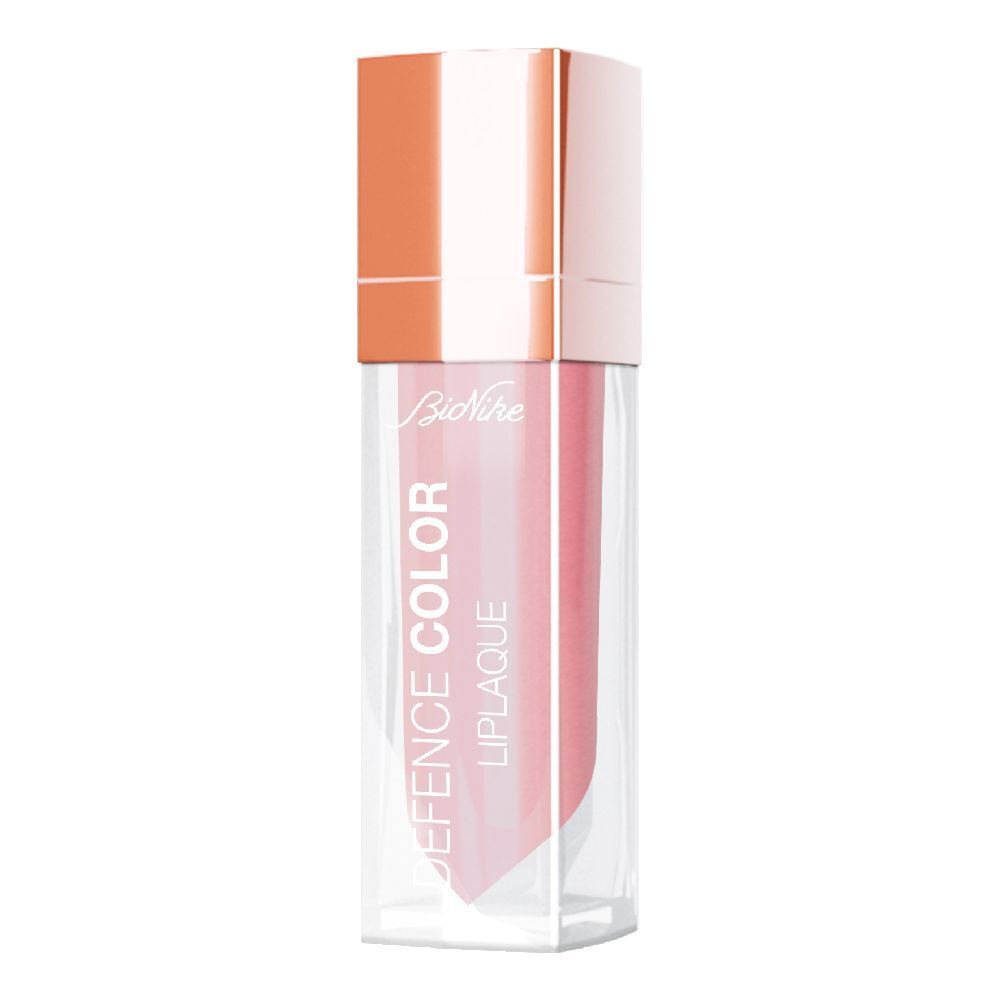 Lucidalabbra in flacone rettangolare. Tonalità rosa. Tappo oro rosa. Scritta: DEFENCE COLOR LIPLAQUE.